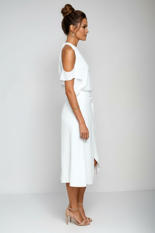 Cold Shoulder Halter Midi Dress with Asymmetric Hem