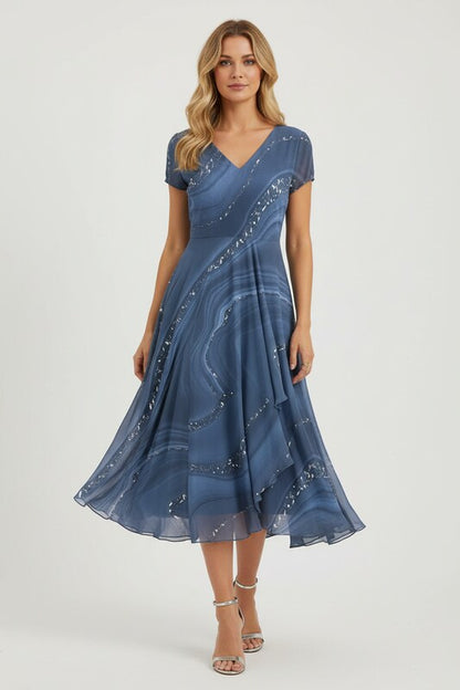 V Neck Midi Dress with Patchwork Detail