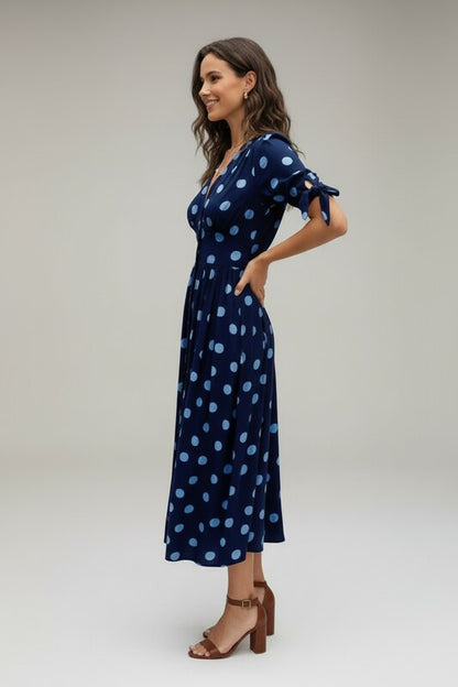 Printed Midi Dress with V Neckline and Button Front