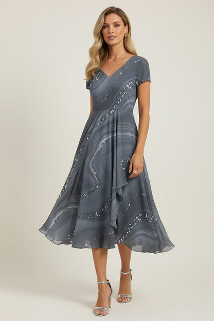 V Neck Midi Dress with Patchwork Detail