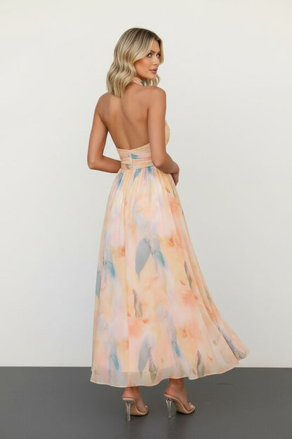 Halter Neck Maxi Dress with Open Back and Artistic Print