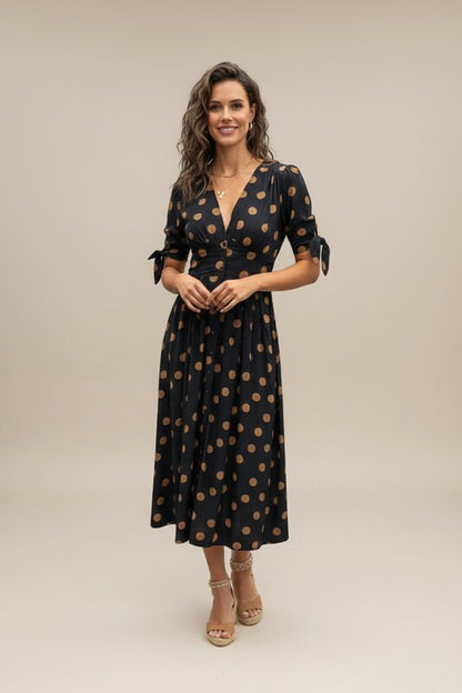Printed Midi Dress with V Neckline and Button Front