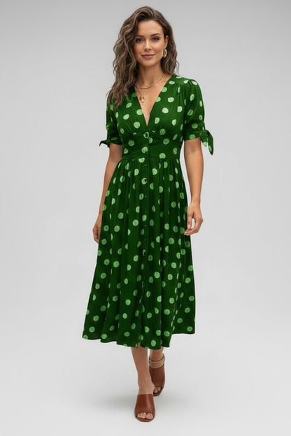 Printed Midi Dress with V Neckline and Button Front