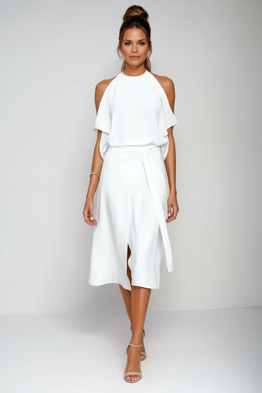 Cold Shoulder Halter Midi Dress with Asymmetric Hem
