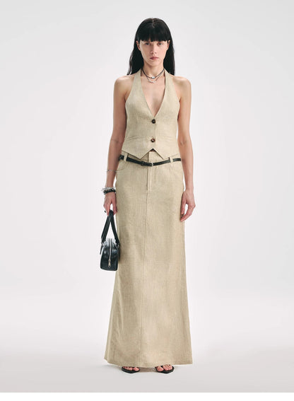 Retro Linen V-neck Halter Vest and Fishtail Hip Skirt Set"Old Money Weekly"