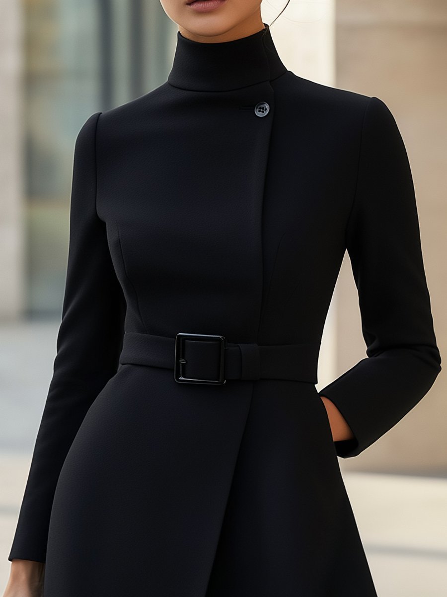 Maria | Vestido Evasê Elegante com Gola Alta e Cinto
