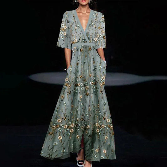 Langes Blumenkleid Damen Grün mit Ausschnitt und Taschen