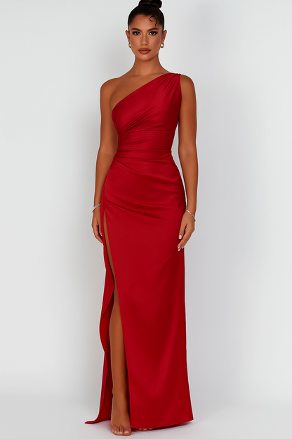 Satijnen one-shoulder maxi jurk met elegante split
