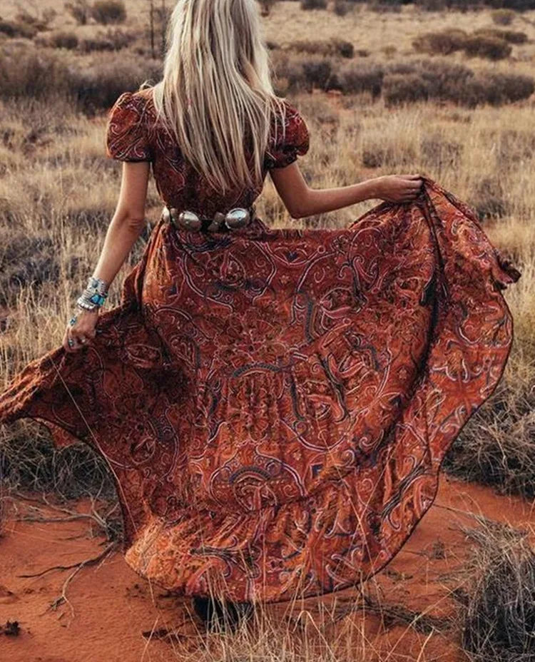 Dames Maxi Jurk | Bohemian Paisley Print | Volumineuze Mouwen & Hoge Split