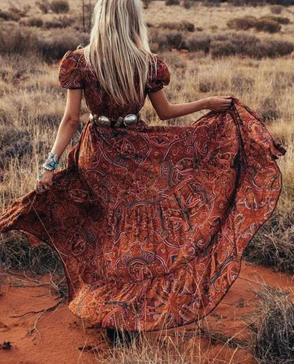 Dames Maxi Jurk | Bohemian Paisley Print | Volumineuze Mouwen & Hoge Split