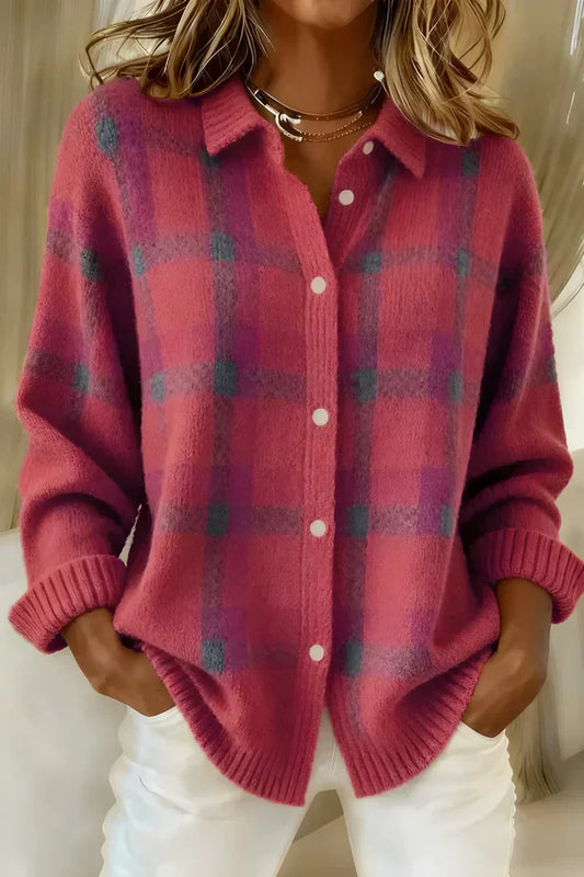 Denise | Soft Pink Plaid Knit Cardigan