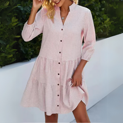Robe femme courte à carreaux col V manches 3/4 boutonnée fluide été décontractée