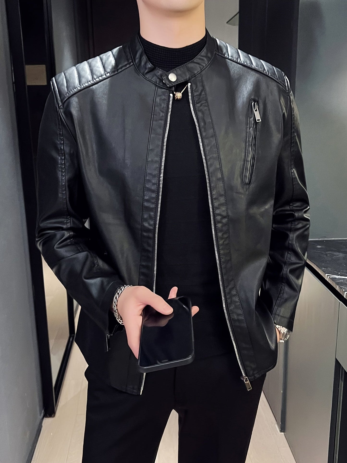 Leather Biker Jacket PU Zip Slim Fit Men’s Spring Outerwear