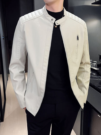 Leather Biker Jacket PU Zip Slim Fit Men’s Spring Outerwear