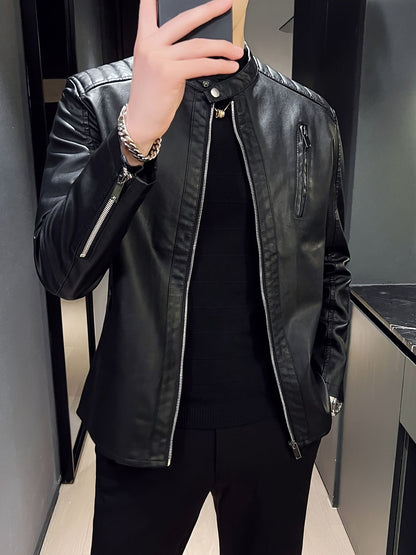 Leather Biker Jacket PU Zip Slim Fit Men’s Spring Outerwear