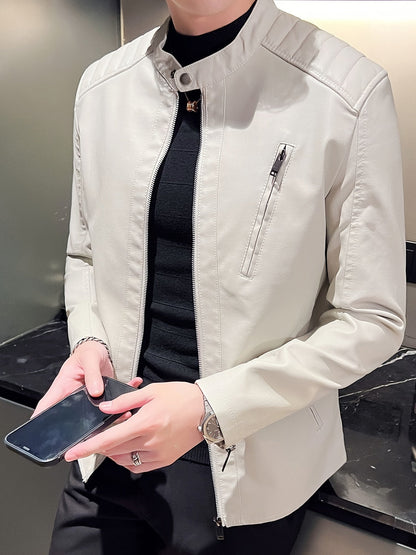 Herrejakke i PU læder med lynlås slim fit til forår