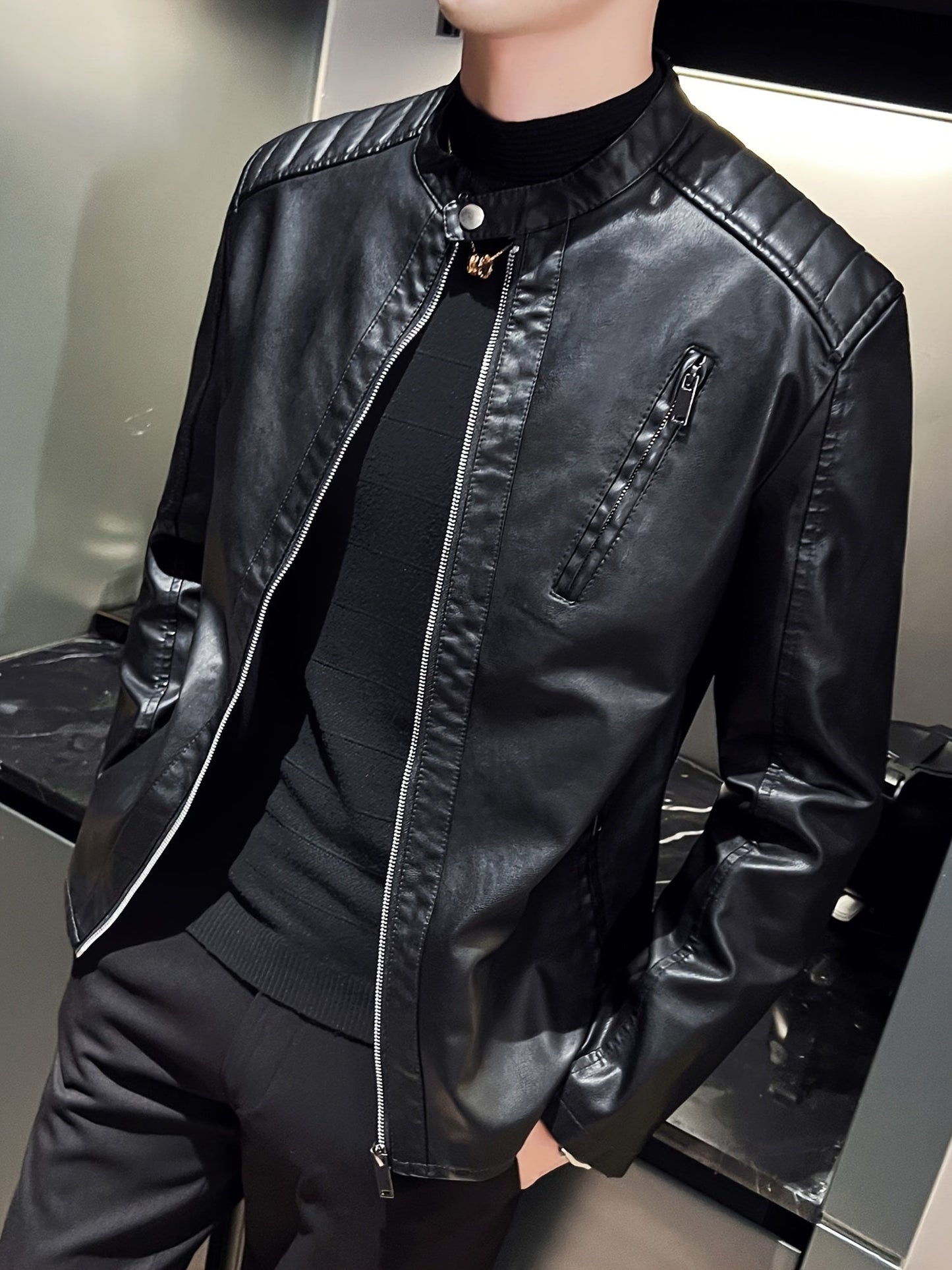 Leather Biker Jacket PU Zip Slim Fit Men’s Spring Outerwear