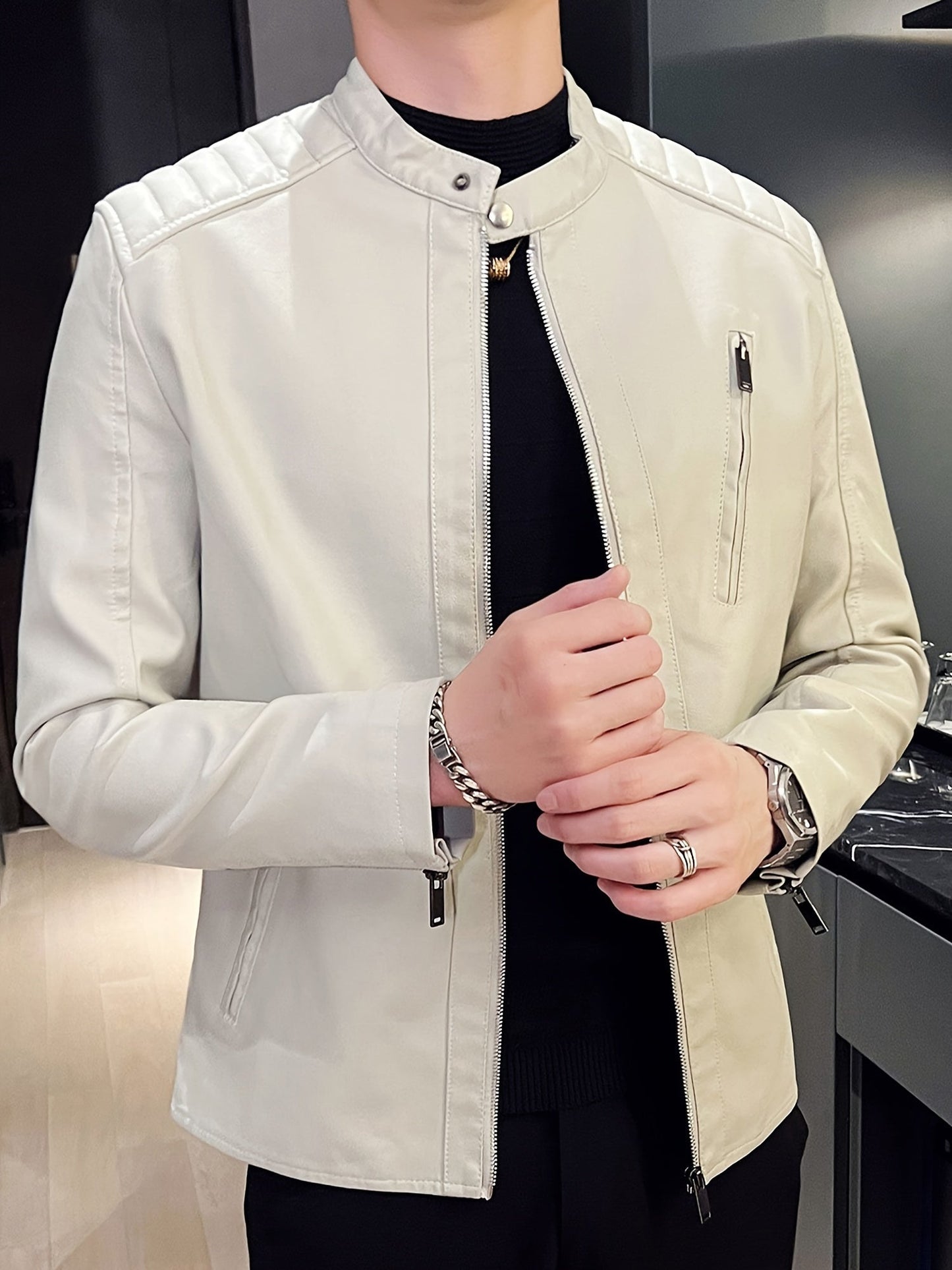 Leather Biker Jacket PU Zip Slim Fit Men’s Spring Outerwear