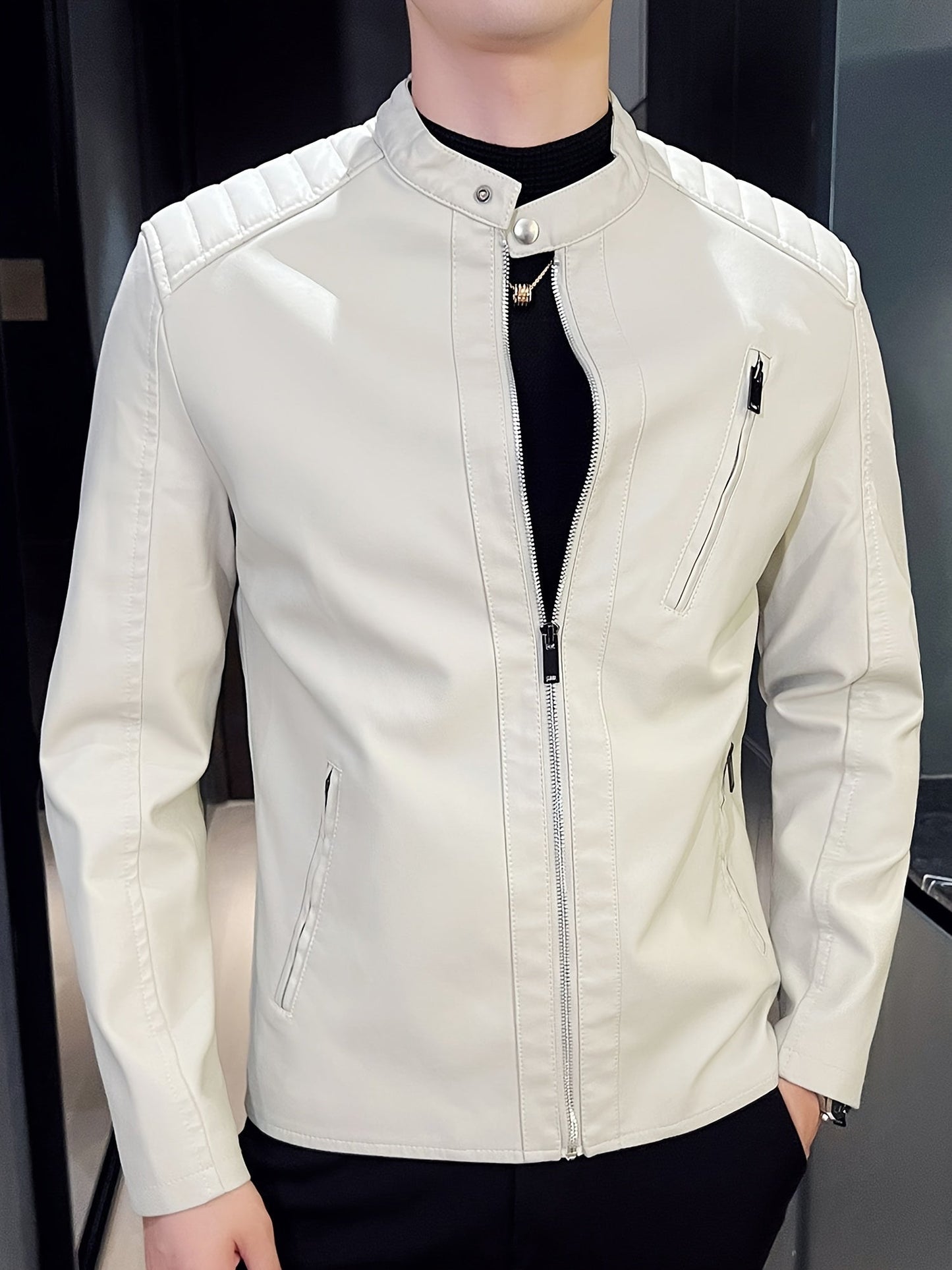 Leather Biker Jacket PU Zip Slim Fit Men’s Spring Outerwear
