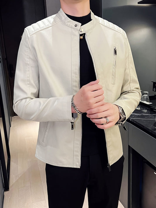 Leather Biker Jacket PU Zip Slim Fit Men’s Spring Outerwear