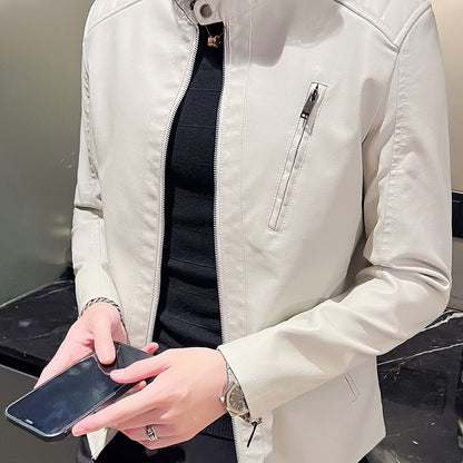 Herrejakke i PU læder med lynlås slim fit til forår