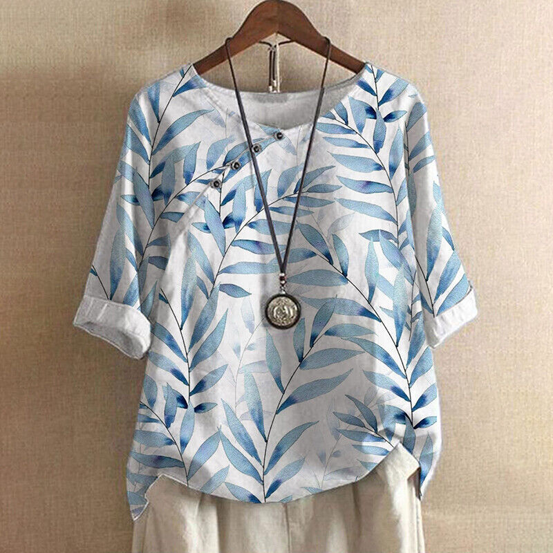 Claudine – Leaf Print Button Detail Blouse