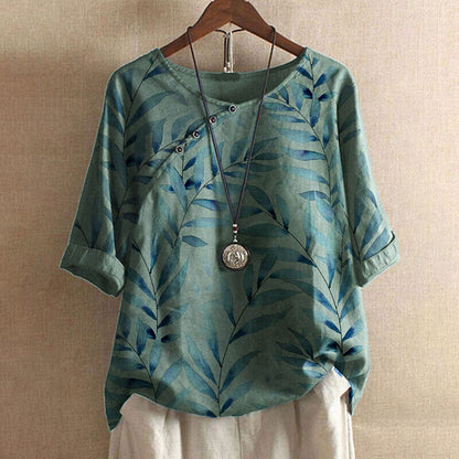 Claudine – Leaf Print Button Detail Blouse
