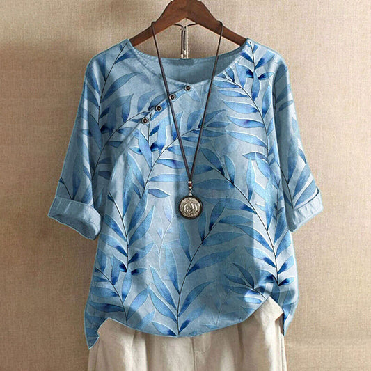 Claudine – Leaf Print Button Detail Blouse