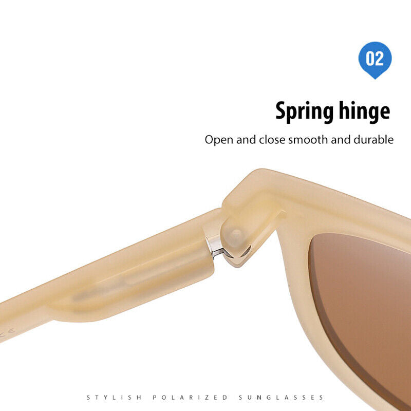 Beige Sonnenbrille mit Federscharnier, polarisiert, langlebig, stilvoll, Nahaufnahme.