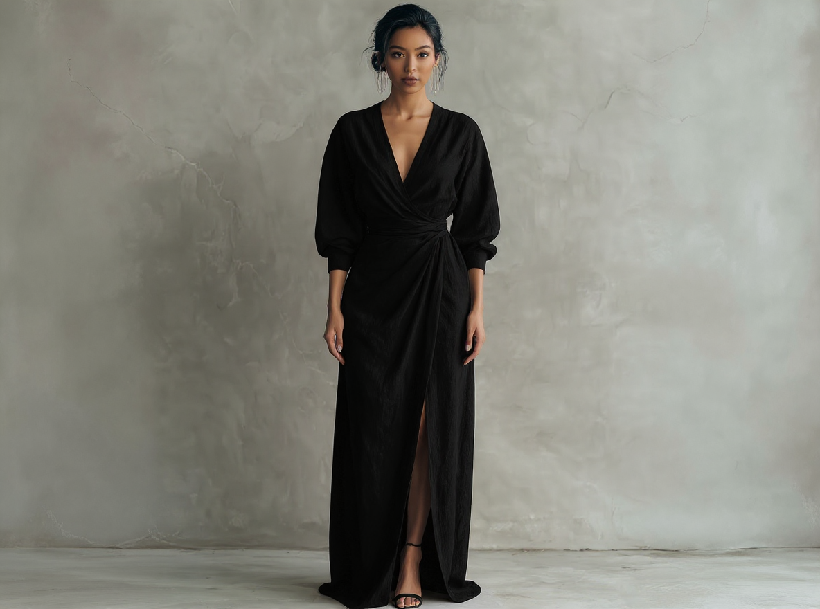 Minimalistisches langes Damenkleid in Rosa mit V-Ausschnitt aus Leinenmischung