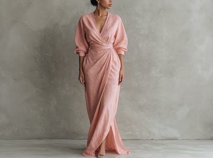 Minimalistisches langes Damenkleid in Rosa mit V-Ausschnitt aus Leinenmischung