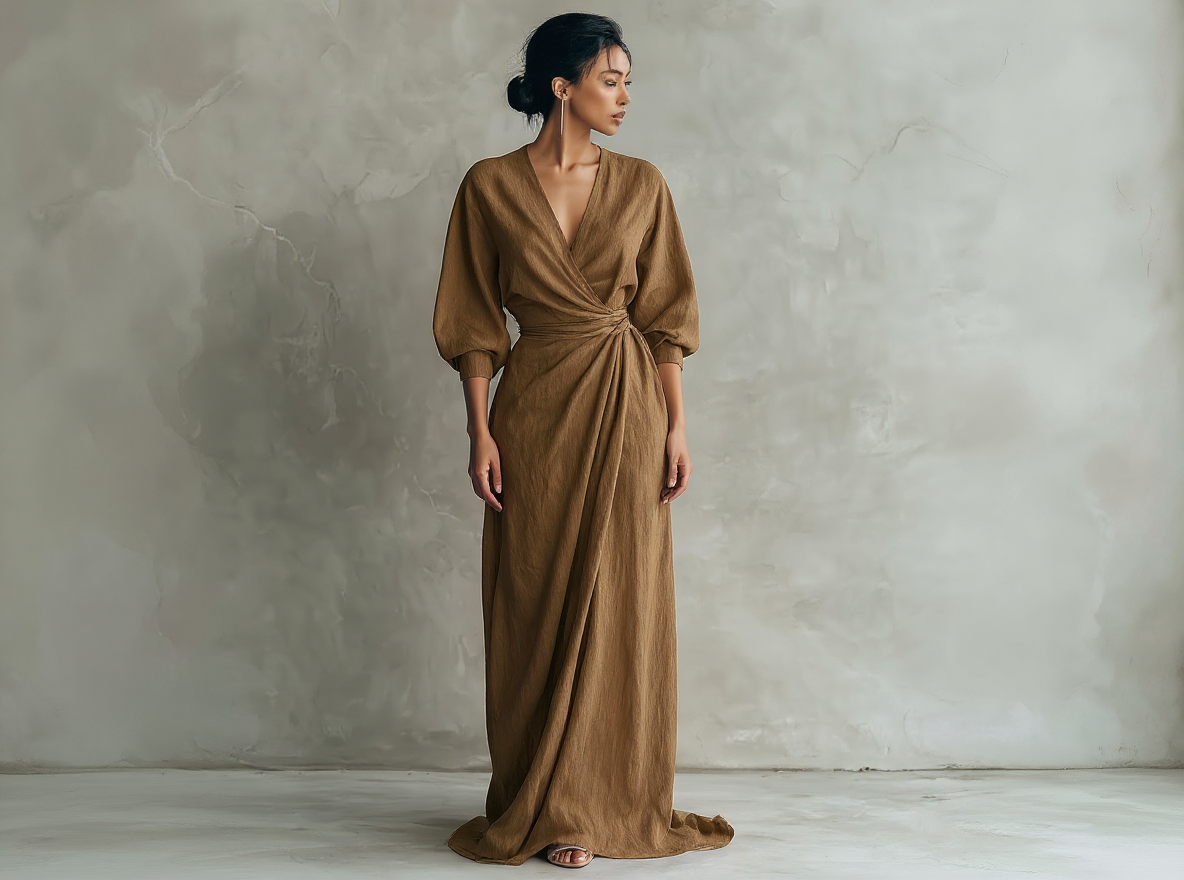 Minimalistisches langes Damenkleid in Rosa mit V-Ausschnitt aus Leinenmischung