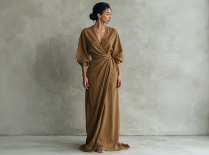 Minimalistisches langes Damenkleid in Rosa mit V-Ausschnitt aus Leinenmischung