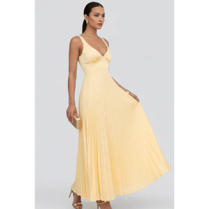 Samira | Damen Gelb Maxikleid Für Abend Mit V Ausschnitt Und Plissee