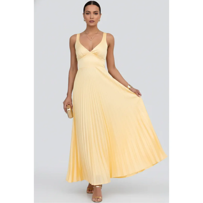 Samira | Damen Gelb Maxikleid Für Abend Mit V Ausschnitt Und Plissee