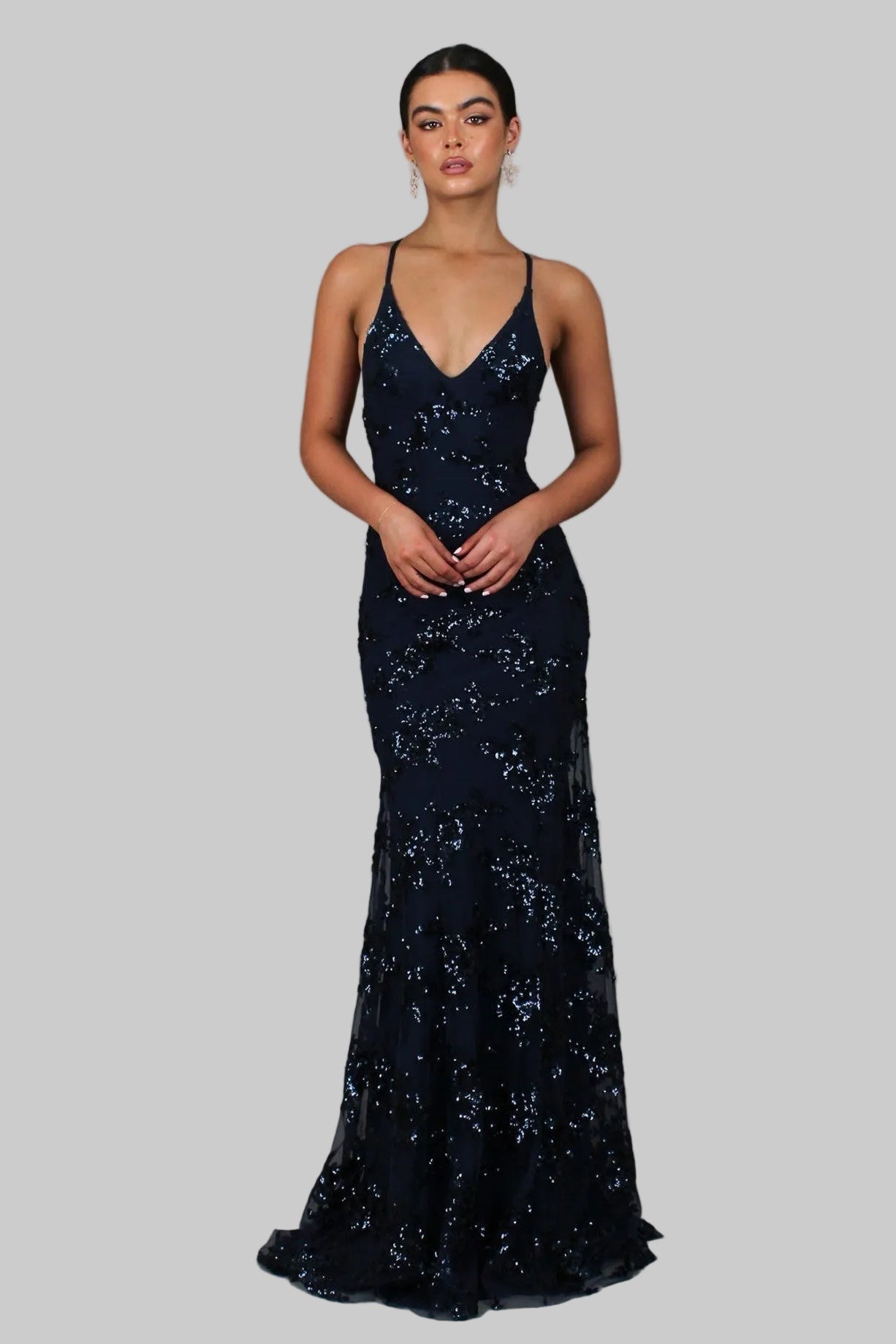 Ayela - Abito Lungo Con Scollo a V e Lacci Sul Retro Decorato Con Paillettes