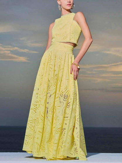 Women’s Sleeveless Embroidered Lace Top – Hollow Cut-Out Style for Summer & Parties