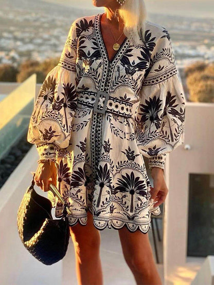 Women’s Printed Beach Mini Dress | Long Sleeve & V-Neck | Holiday & Party Wear