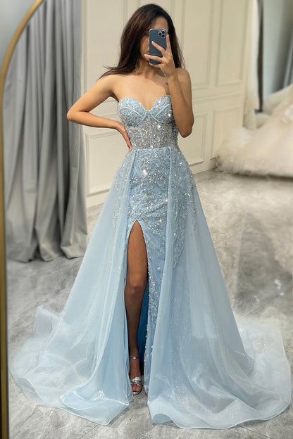 Sparkling Light Blue A-Line Corset Ball Gown with Split - Sophia-Light blue-0-Nora Luxe