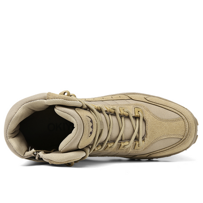 Chaussure de randonnée beige vue de dessus, lacets robustes, semelle antidérapante. Idéale pour trekking, activités extérieures, confort durable.
