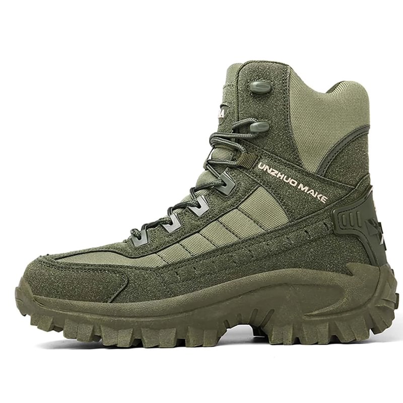 Botte de randonnée verte pour homme, semelle épaisse antidérapante, lacets robustes, idéale pour trekking, activités extérieures, style militaire.