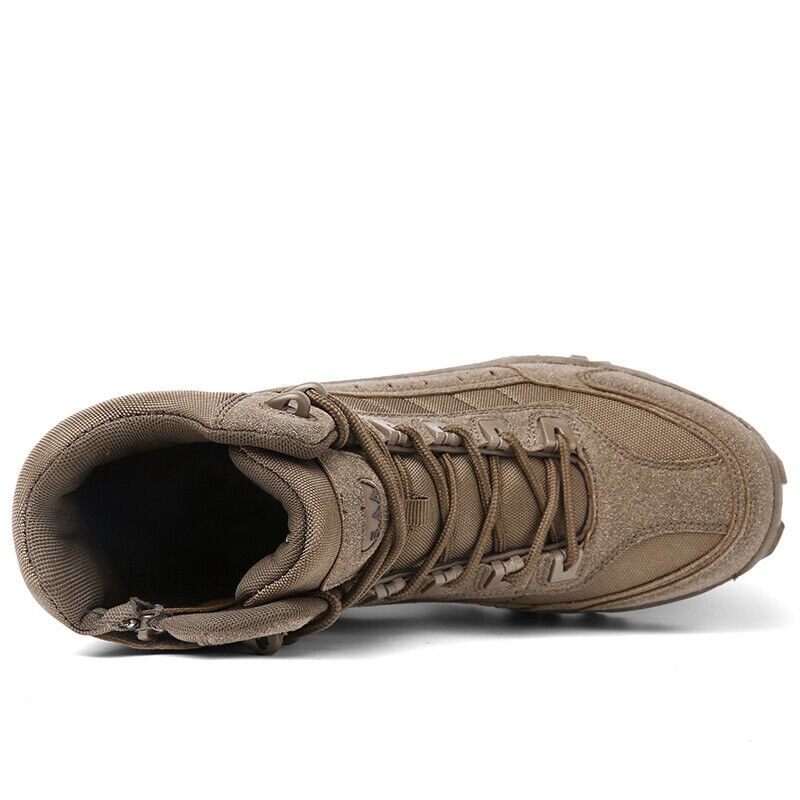 Botte de randonnée marron en cuir, vue de dessus, lacets robustes, semelle antidérapante. Chaussure outdoor résistante pour trekking et activités extérieures.