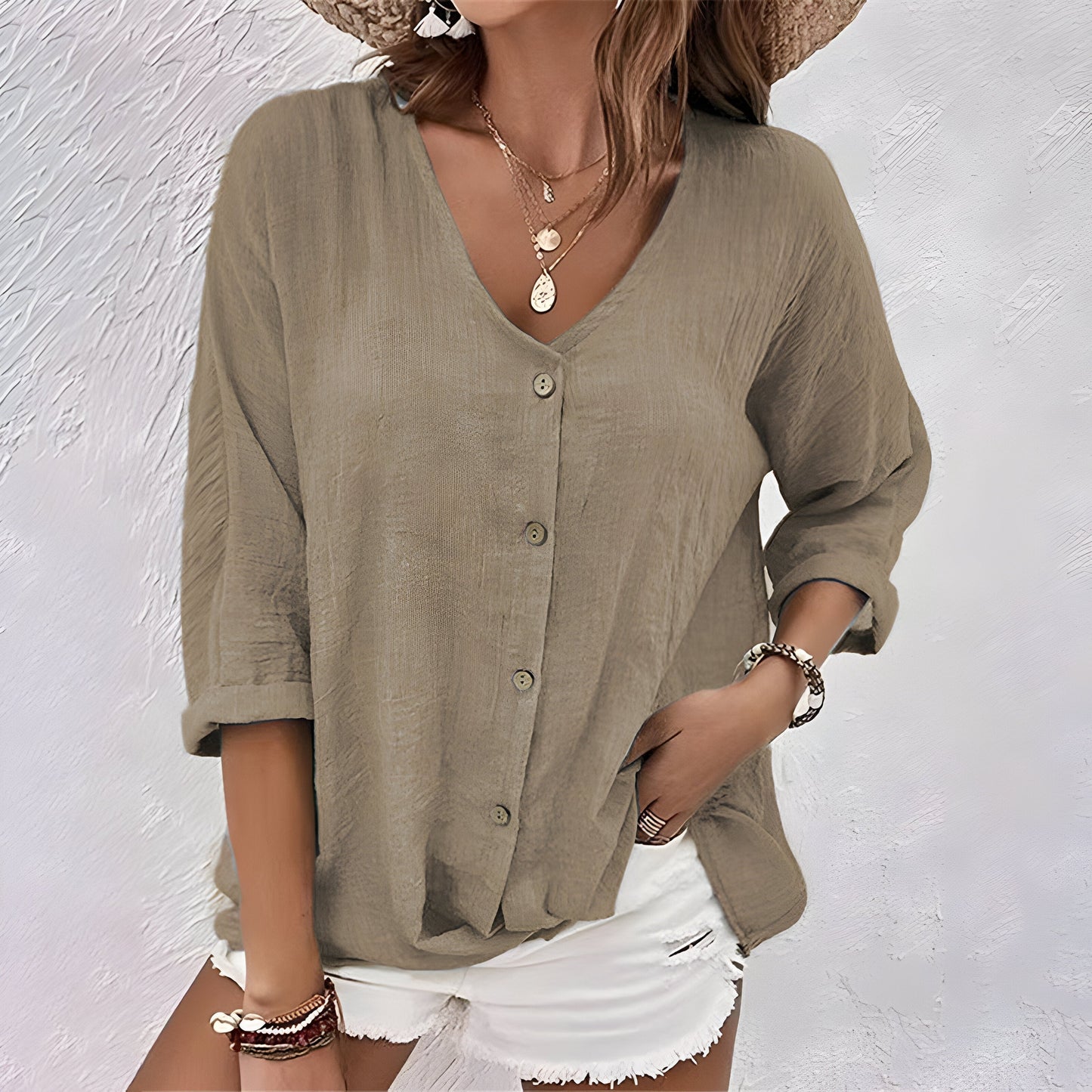 Women's Linen Blouse V Neck 3/4 Sleeve Shirt Casual Button Down Tunic Tops