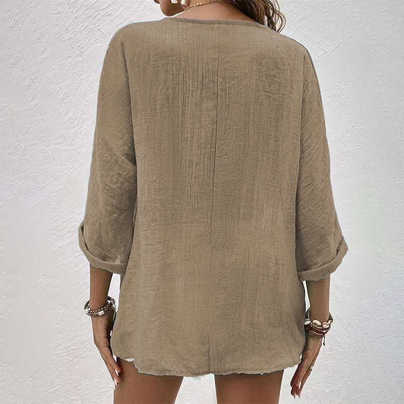 Chemise Décontractée à Col V pour Femme – Haut Boutonné à Manches Longues Uni