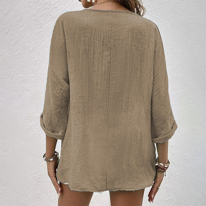 Chemise Décontractée à Col V pour Femme – Haut Boutonné à Manches Longues Uni