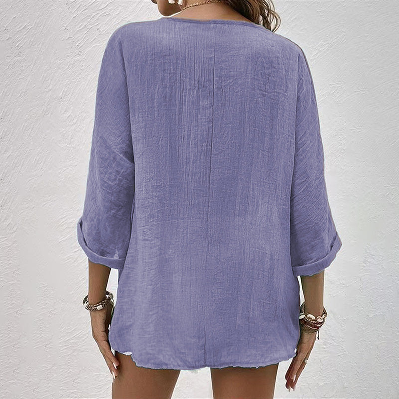 Chemise Décontractée à Col V pour Femme – Haut Boutonné à Manches Longues Uni