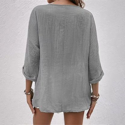 Chemise Décontractée à Col V pour Femme – Haut Boutonné à Manches Longues Uni