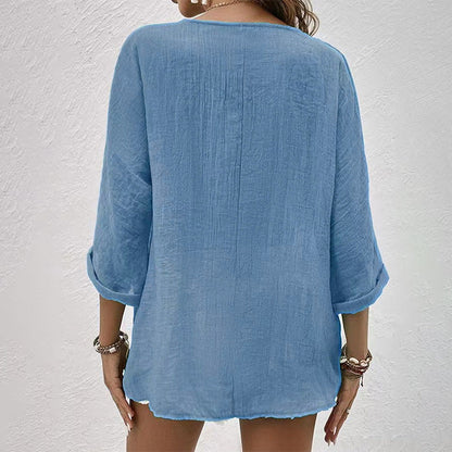 Chemise Décontractée à Col V pour Femme – Haut Boutonné à Manches Longues Uni