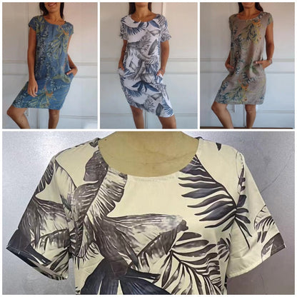Botanisk sommarklänning med rund hals och blomster A-linjeform – Elvira