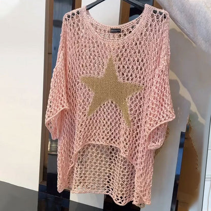 Gestricktes Netzshirt mit Rundhals & Häkelmuster – Noelle